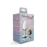 Cheeky Charms Silver Round Butt Plug w Rainbow Jewel Medium