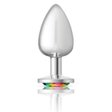 Cheeky Charms Silver Round Butt Plug w Rainbow Jewel Large
